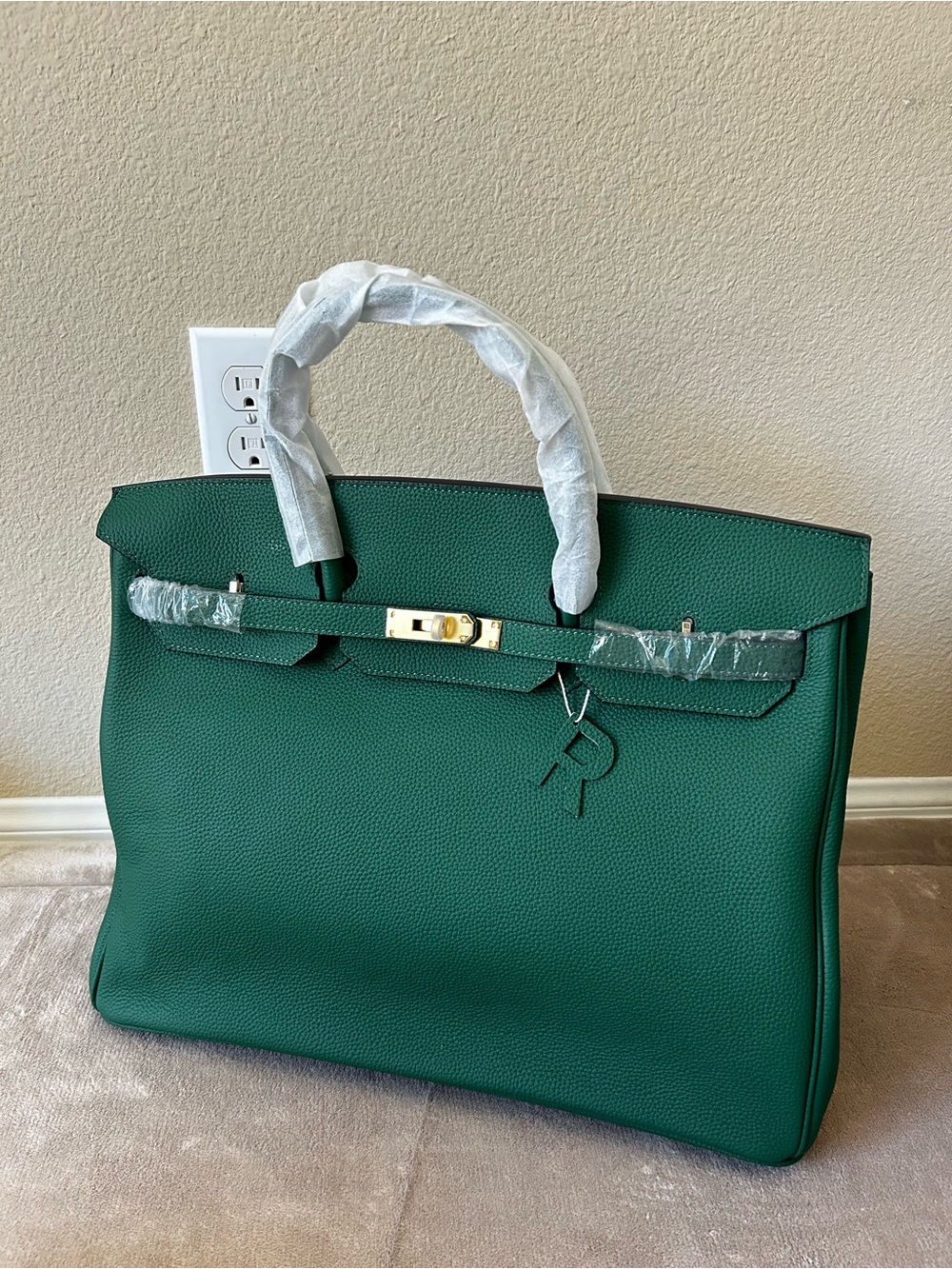40cm XXL Velvet Green Top Handle Leather Satchel